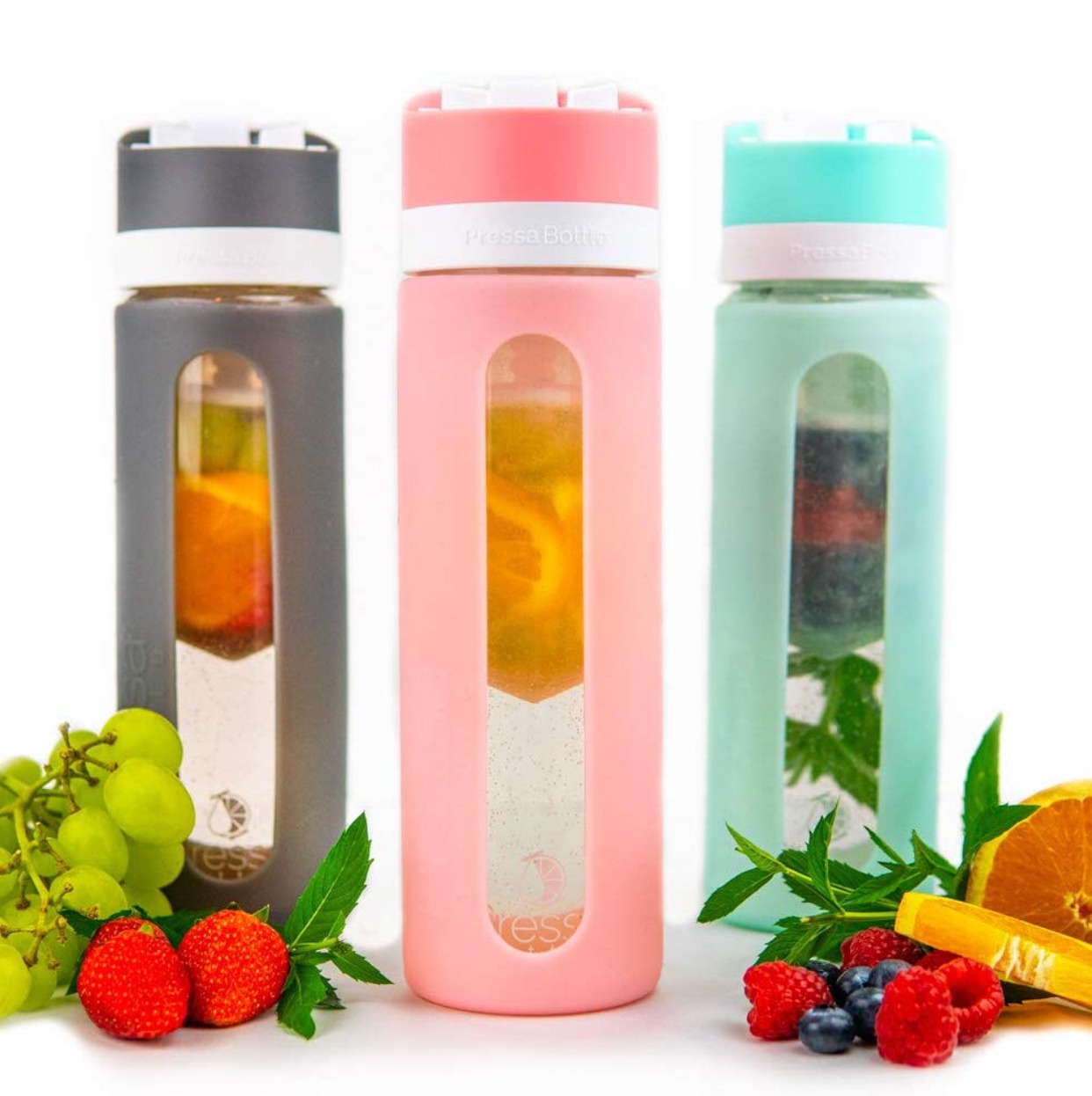 Pressa Bottle: The Squeeze System Fruit Infused Glass Water Bottle 